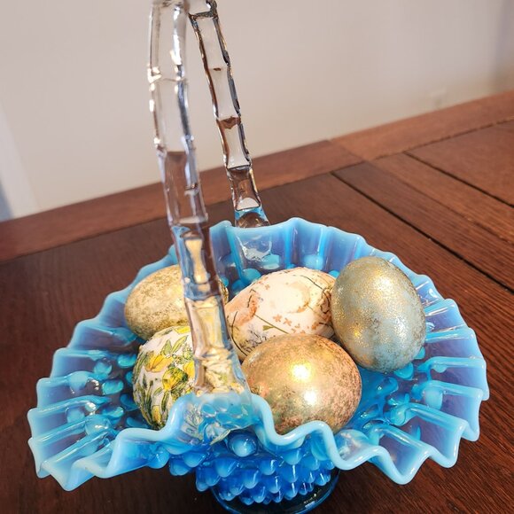 Vintage Fenton Blue Opalescent Hobnail Basket - Picture 9 of 11